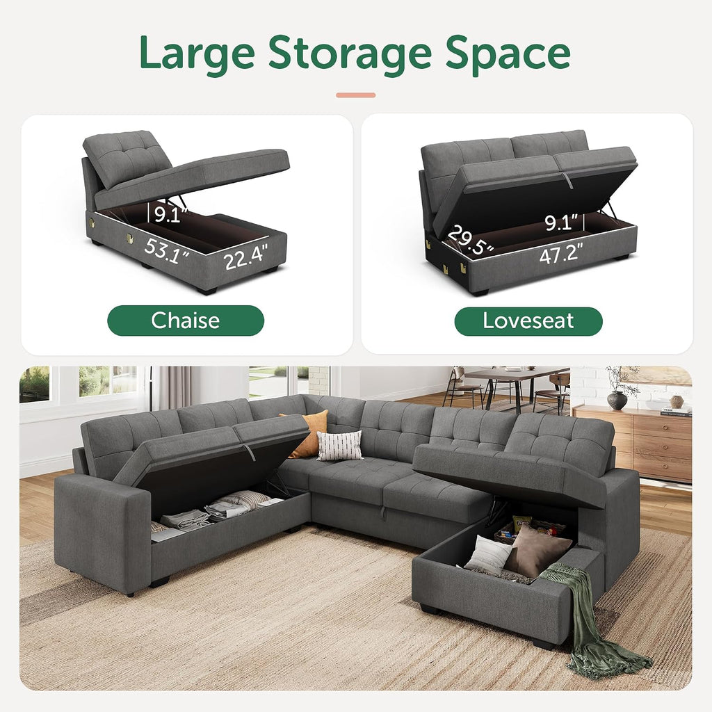 Sleeper Sofa Bed with Storage Chaise, Sectional Couch with Pull Out Bed, U Shaped Sectional Sleeper Sofa Couch, Grey