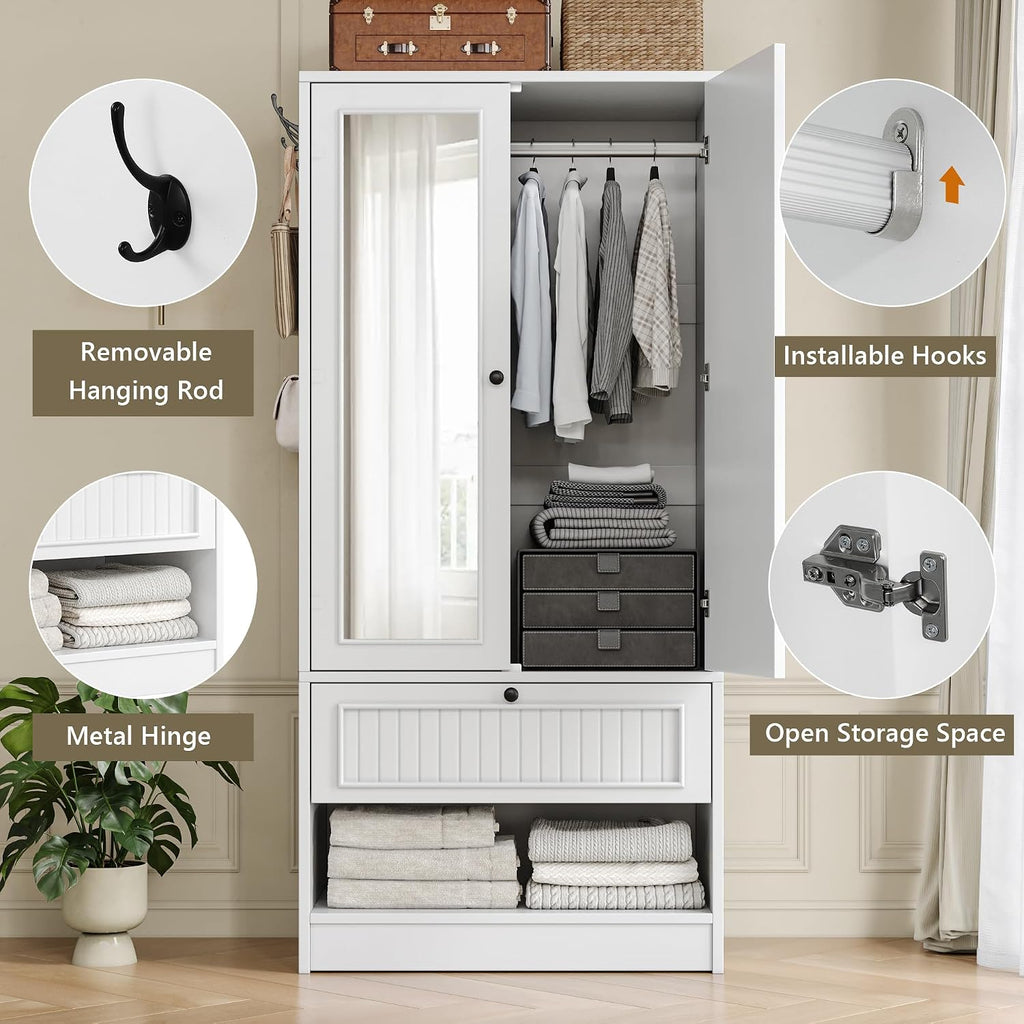 70" Armoire Wardrobe Closet with Doors & Mirror,Wooden Wardrobe with Drawers and 3 Side Hooks,Large Freestanding
