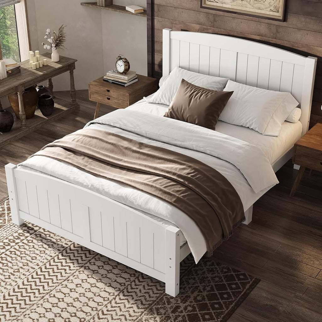 Full Farmhouse Bed Frame with Headboard & Footboard, White Mid-Century Modern Platform Bed Full, Vintage Solid Wood