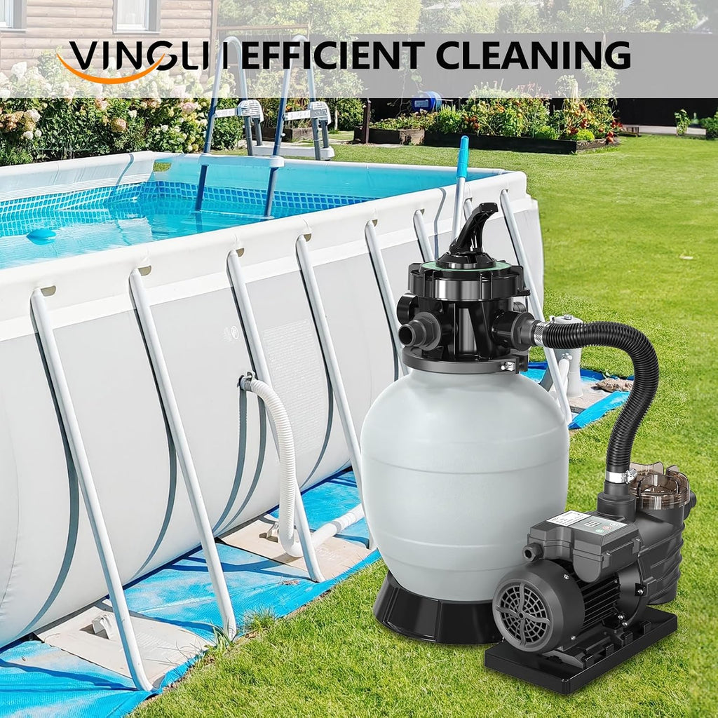 24H Timer) 12 in Sand Filter Pump with Filter Balls, 1585 GPH 1/2 HP High Efficiency Pool Pump with 7-Way Valve for