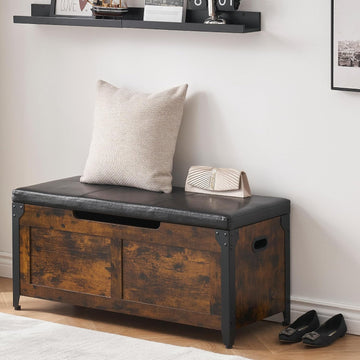 Storage Chest, Wooden Storage Trunk with Metal Frame, Entryway Shoes Bench with Cushion, Large Storage Organizer