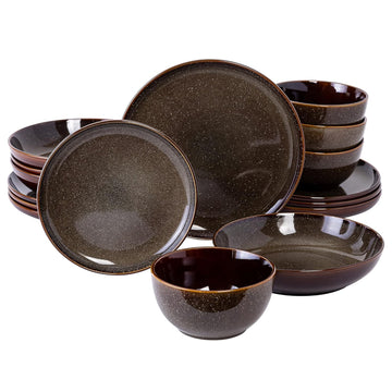 Edwina 16-Piece Double Bowl Dinnerware Set, Service for 4 - Dark Green Stoneware Plates and Bowls