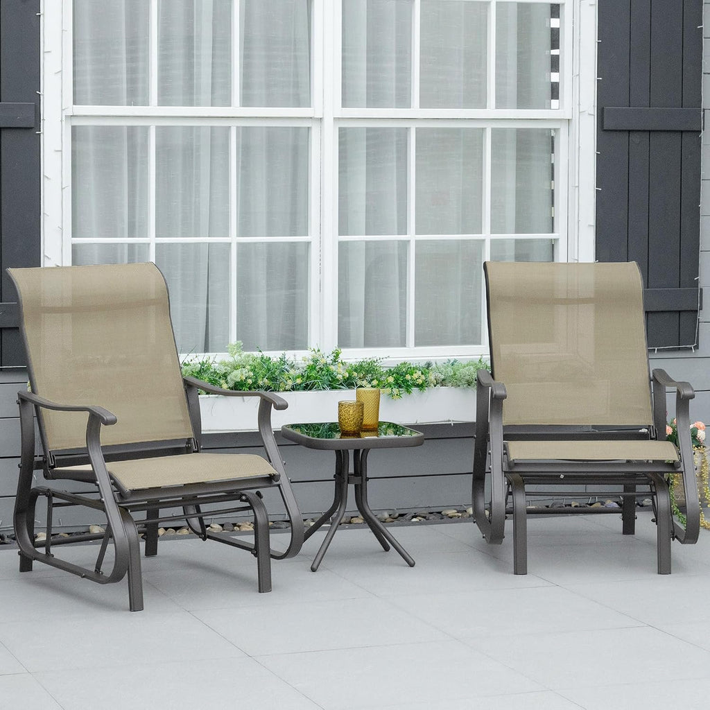 3-Piece Outdoor Gliders Set Steel Frame Patio Gray | Bistro Table and Chairs, Tempered Glass Top Table, Garden