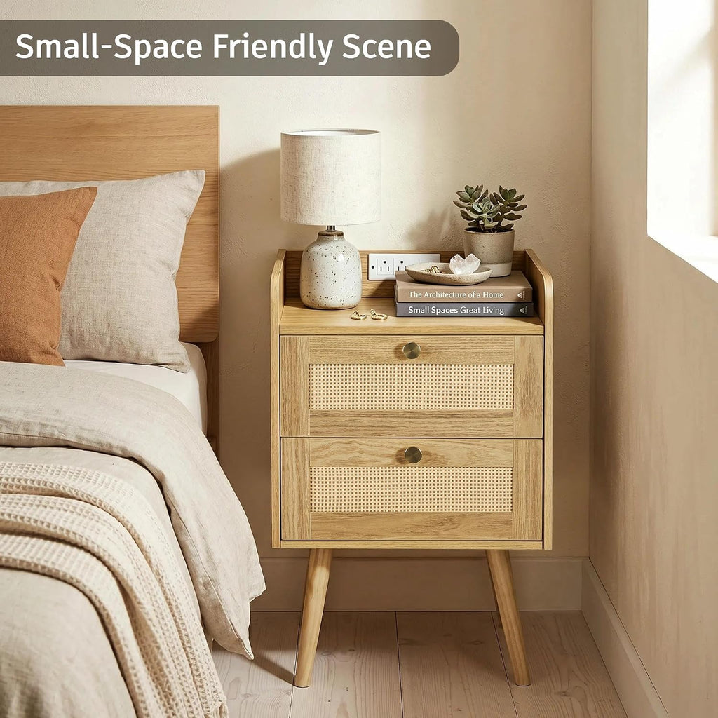 Nightstands Set of 2 with Charging Station, Modern Boho Rattan Bedside Tables with 2 Drawers,Open Storage End Tables