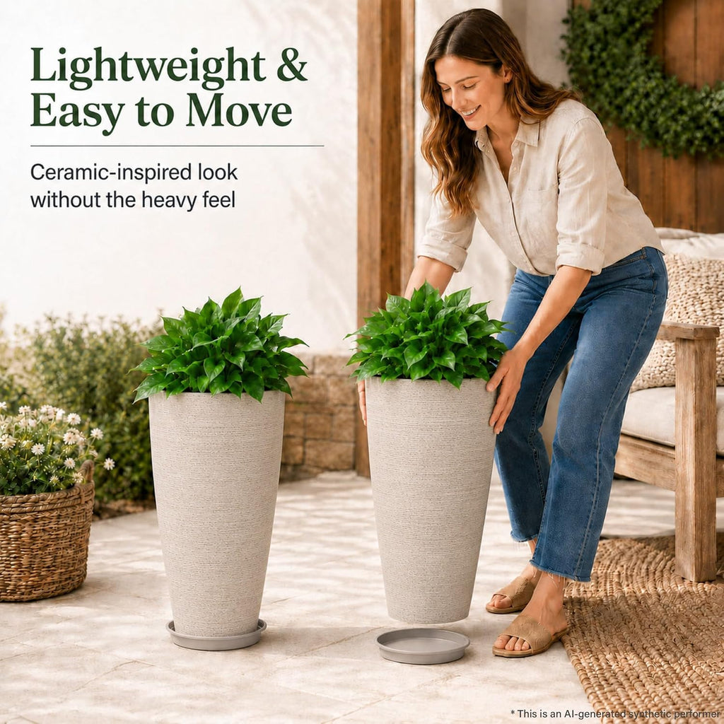 Set of 2 Tall Planter, 21 inch Large Planter, Oat Color | Ceramic-Look, Lightweight, Built-in Drain Hole, Saucers