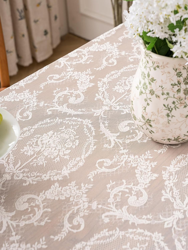 Cream Beige French Lace Ruffle Tablecloth 60 x 102 Inch with Ruffled Edge, Fits Round and Rectangula