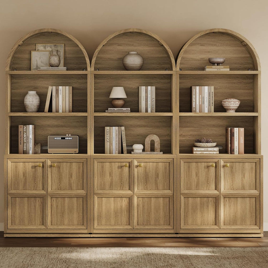 81" Tall Arched Bookcase with Doors, Large Bookshelves with Storage