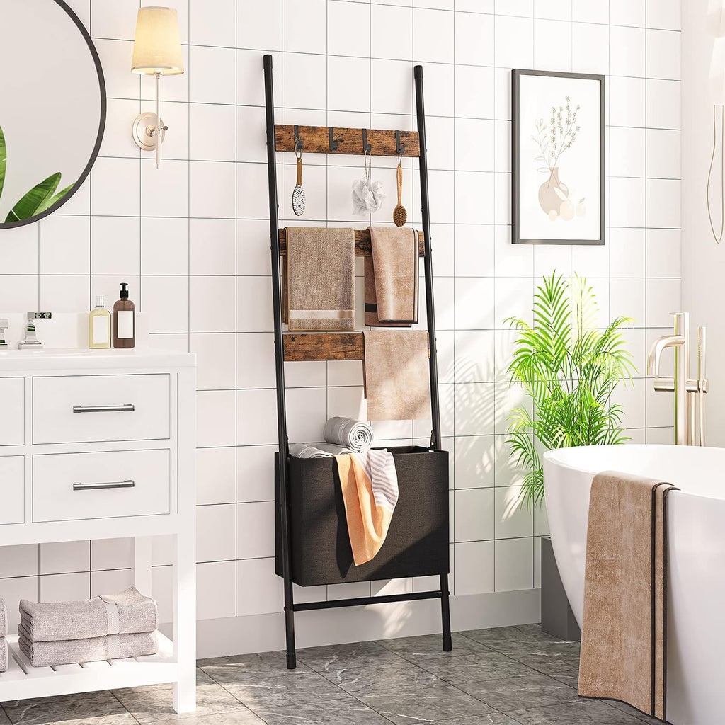 Blanket Ladder with Basket, 17.3"L x 63.4"H, Towel Rack with Hooks, Blanket Holder Rack, Decorative Ladder Shelf