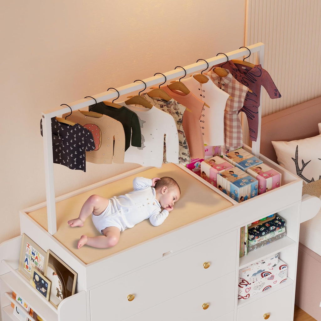 Modern Changing Table Dresser,Baby Dressing Table with 4 Drawers and Storage Shelves,Multi-Functional Baby Changing