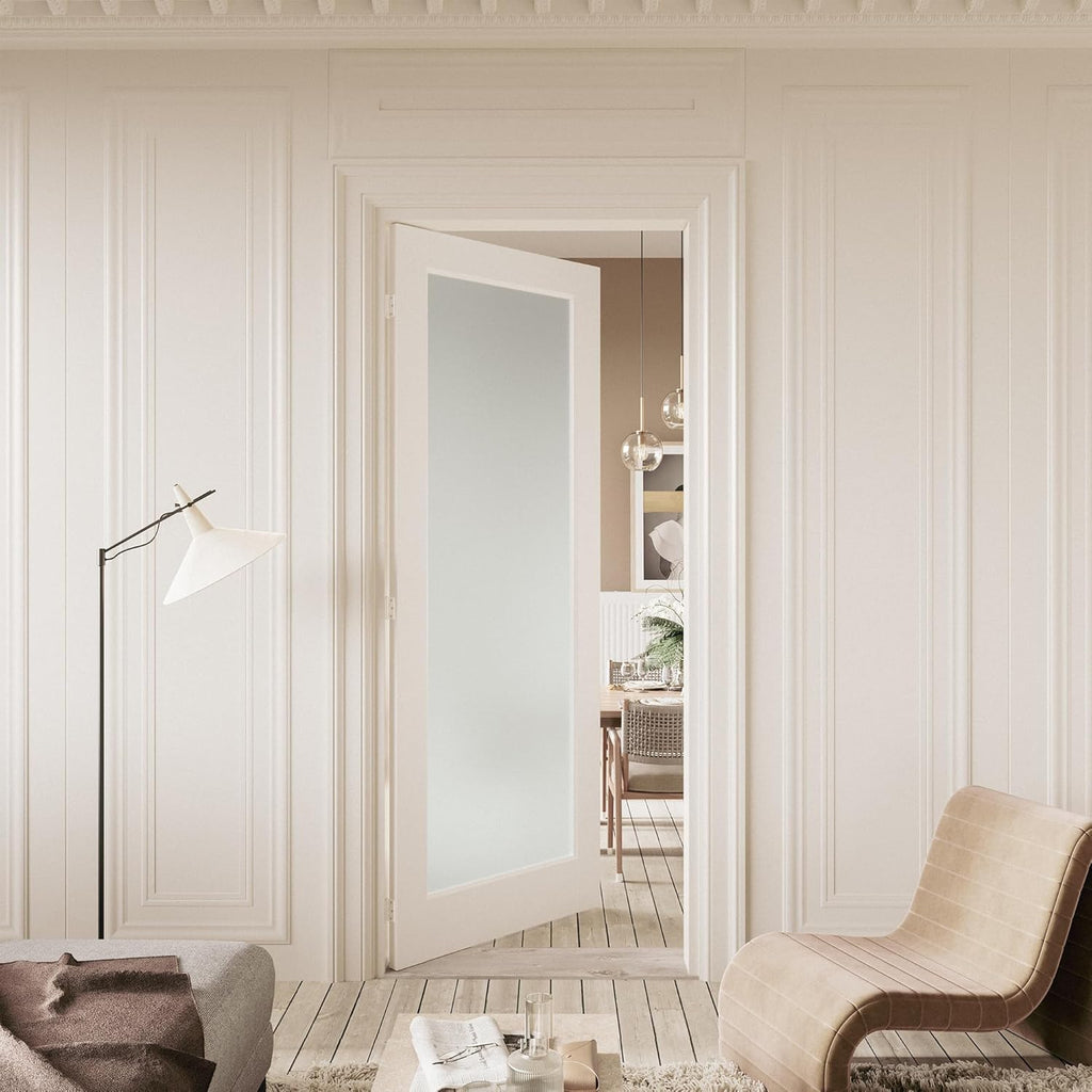 Slab Door Interior for 18" X 80" Opening,Full Lite Tempered Frosted Glass,Solid Core,Pre-Assembled,Premium Baking Paint Finish for Bathroom,Pantry,White,Easy Install, Without Hardware Kit