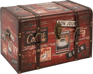 Medium Decorative Storage Trunk Faux Decoupage with Leather and Metal Accents, Antique Brown