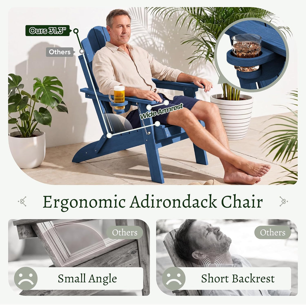 Folding Adirondack Chair Set of 2, Heavy-Duty 360LBS HDPE Outdoor Chair with Textured Wood-Grain Finish, Comfortable
