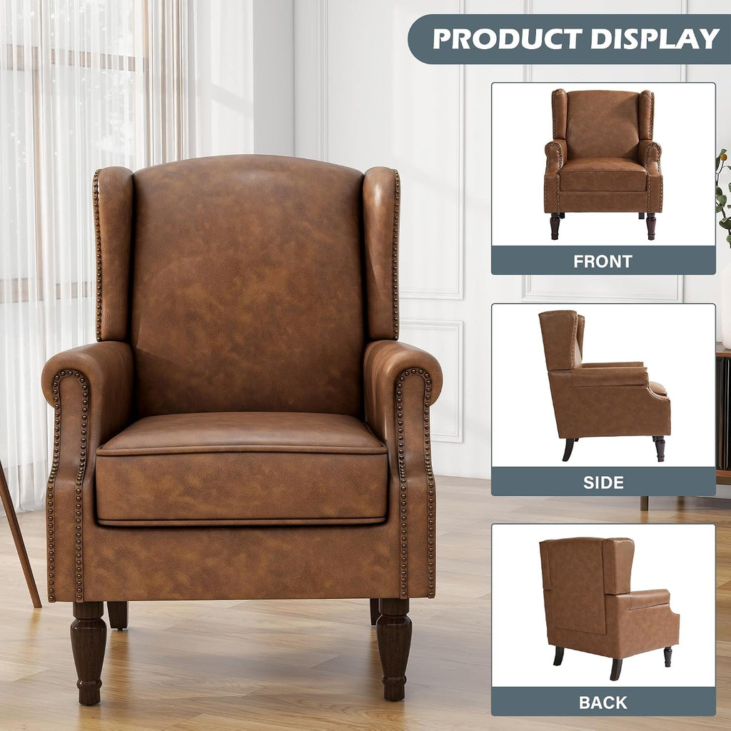 PU Leather Wingback Accent Chair, Upholstered High Back Armchair | Modern Reading Seat with Wooden Legs & Removable