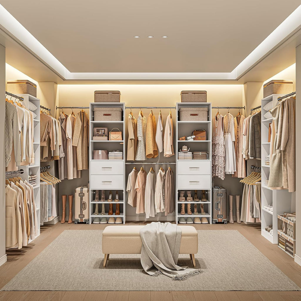 W2 Closet System with 2 Drawers, 3.5FT-7.7FT Closet Organizer System with 4 Chrome-Plated Telescopic Rods & 5