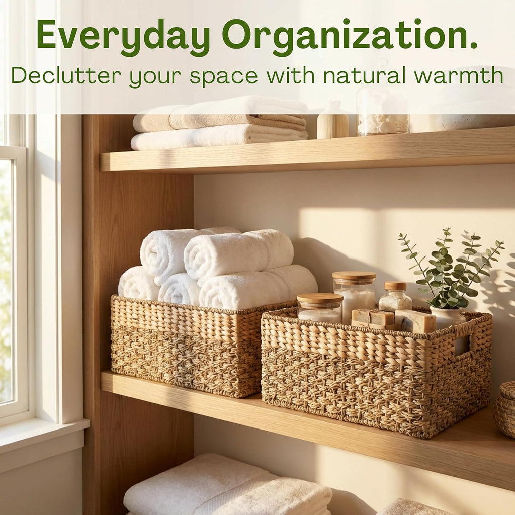 Medium Wicker Baskets for Storage 15.5 x 9.5 x 6.5 Inches | Natural, Seagrass and Hyacinth Woven Baskets for Décor
