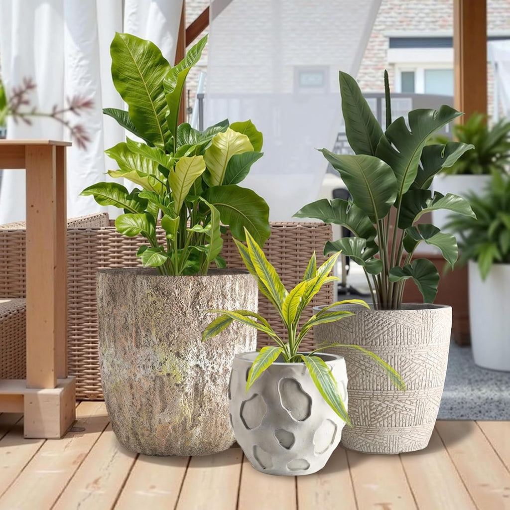 Round Concrete Style Planter Set of 3, Large Outdoor Flower Pots with Drainage, Stone Texture Plant Pots for Indoor