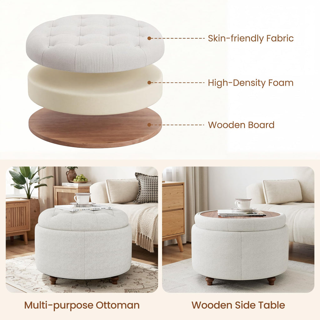 25" Round Ottoman with Storage, Small Coffee Table with Reversible Tray Lid