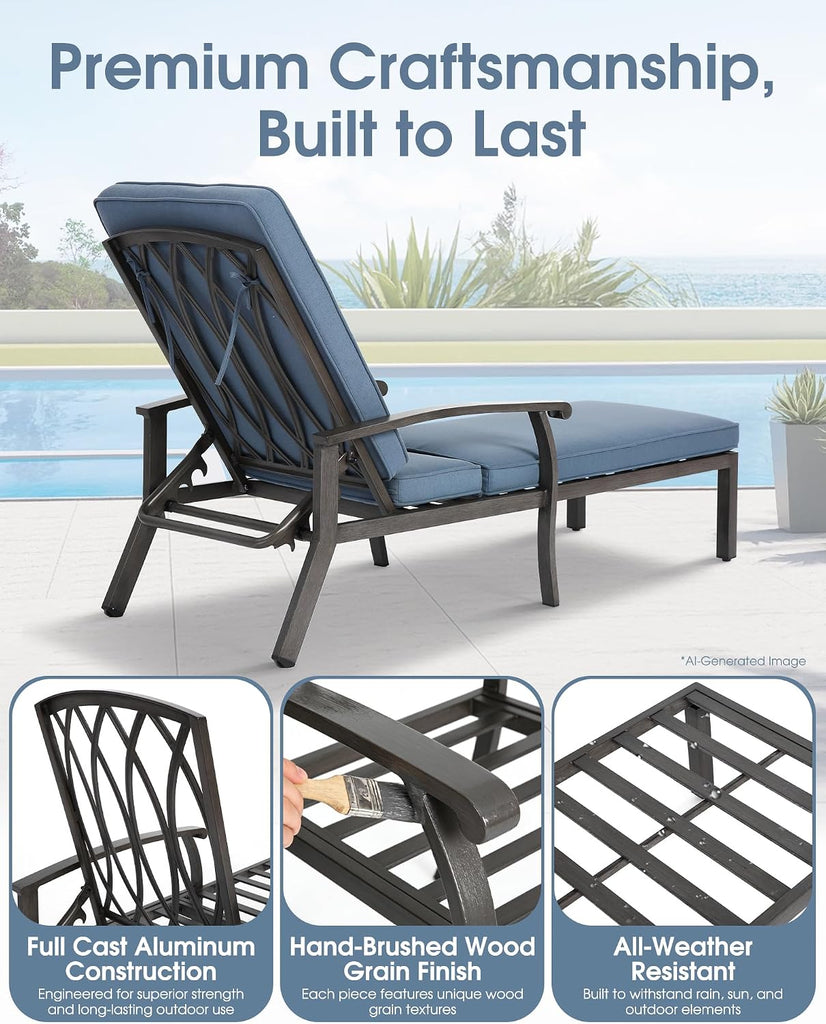 Chaise Lounge Chair Set of 2, Hand-Finished Wood Grain Cast Aluminum Reclining Loungers with Cushions, 5-Position