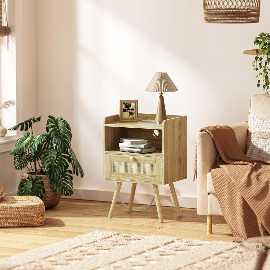 Nightstands Set of 2, Night Stands with Charging Station & PE Rattan Decor Drawer, Bed Side Tables with Solid Wood