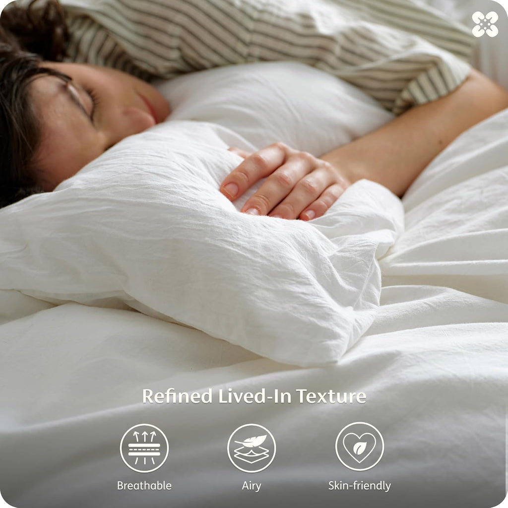 100% Washed Cotton Duvet Cover - Natural White Minimalist Bedding Set Linen Like - PureWoven Plain Simple