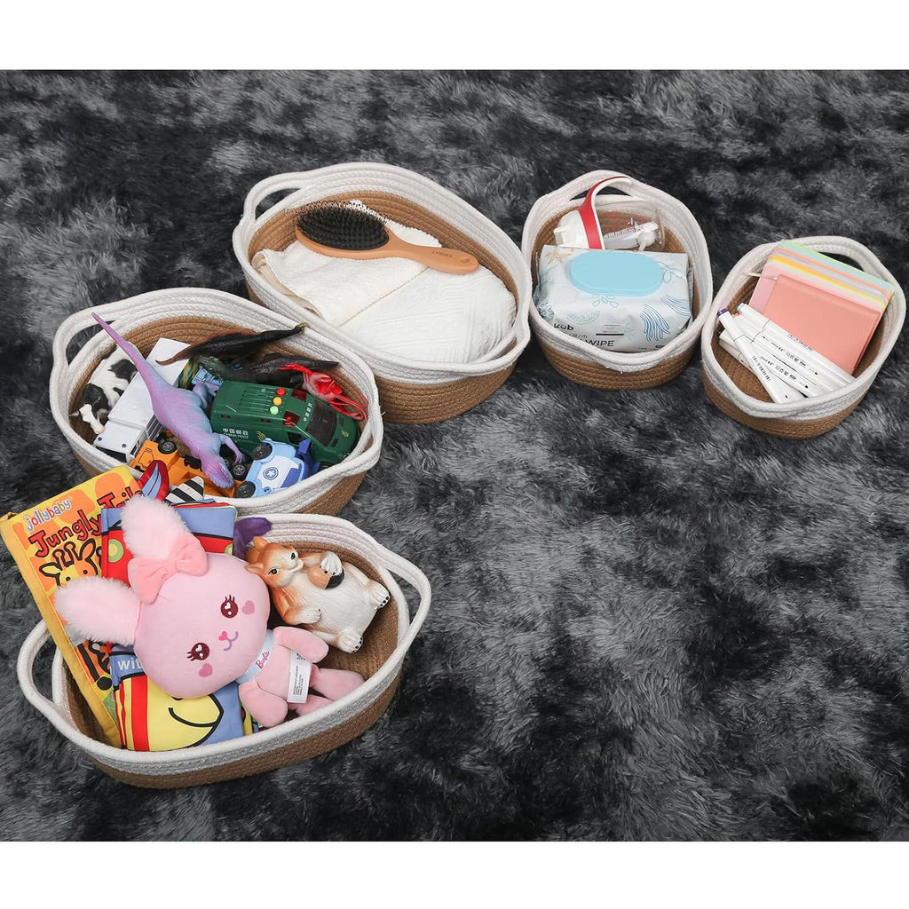 Set of 5 Woven Rope Baskets for Storage, Organizing, Nursery, Shelves - Small Baskets for Gifts Empty (Off White &