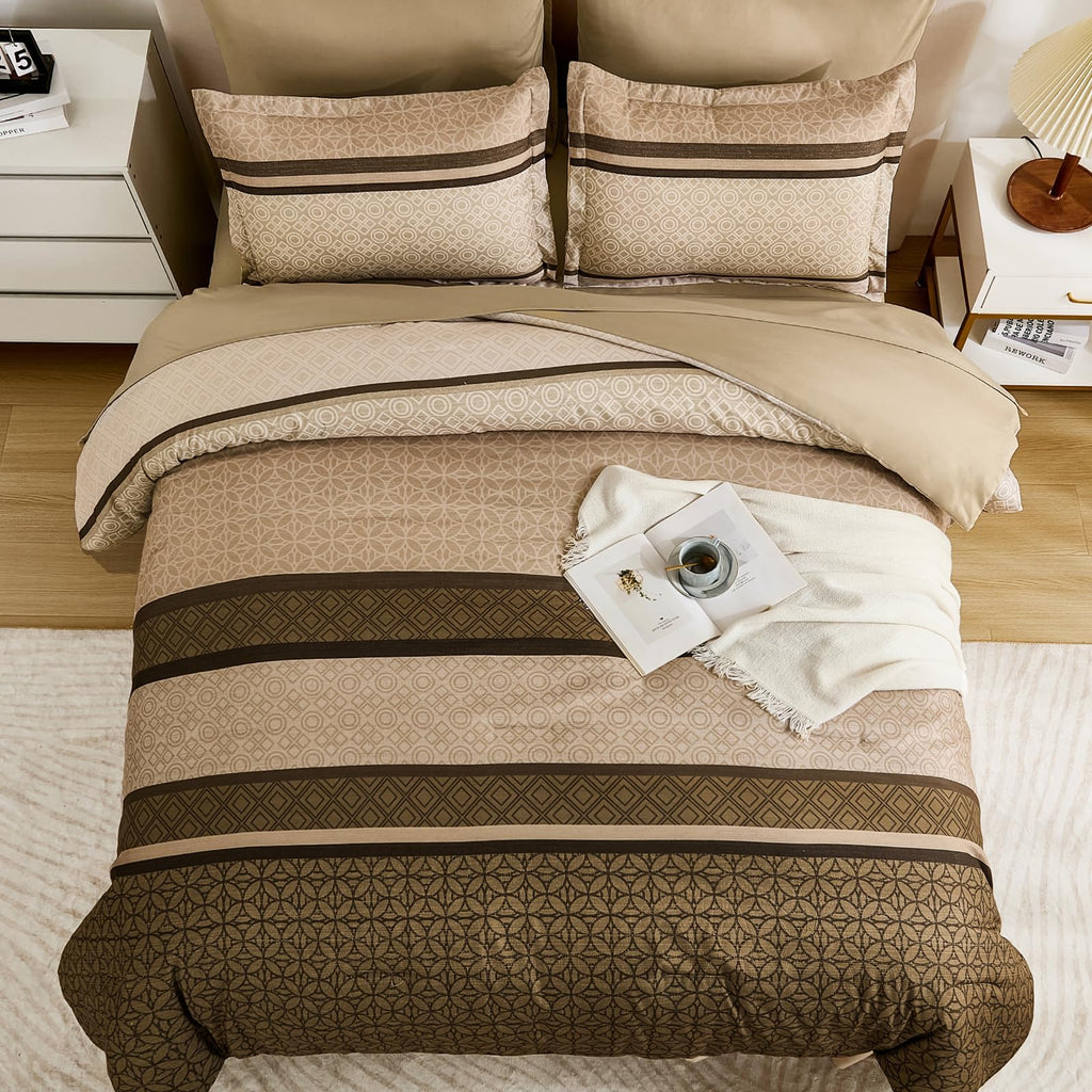 7 Pieces Comforter Set King Size, Brown Striped Fall Winter Bed in a Bag Comforter, Minimalist Geometric Bohemian
