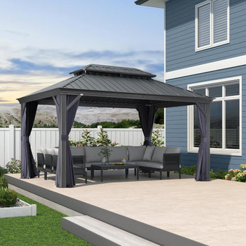 10' X 14' Hardtop Gazebo Aluminum Gazebo with Galvanized Steel Double Roof for Backyard Patio Lawn and Garden Curtains