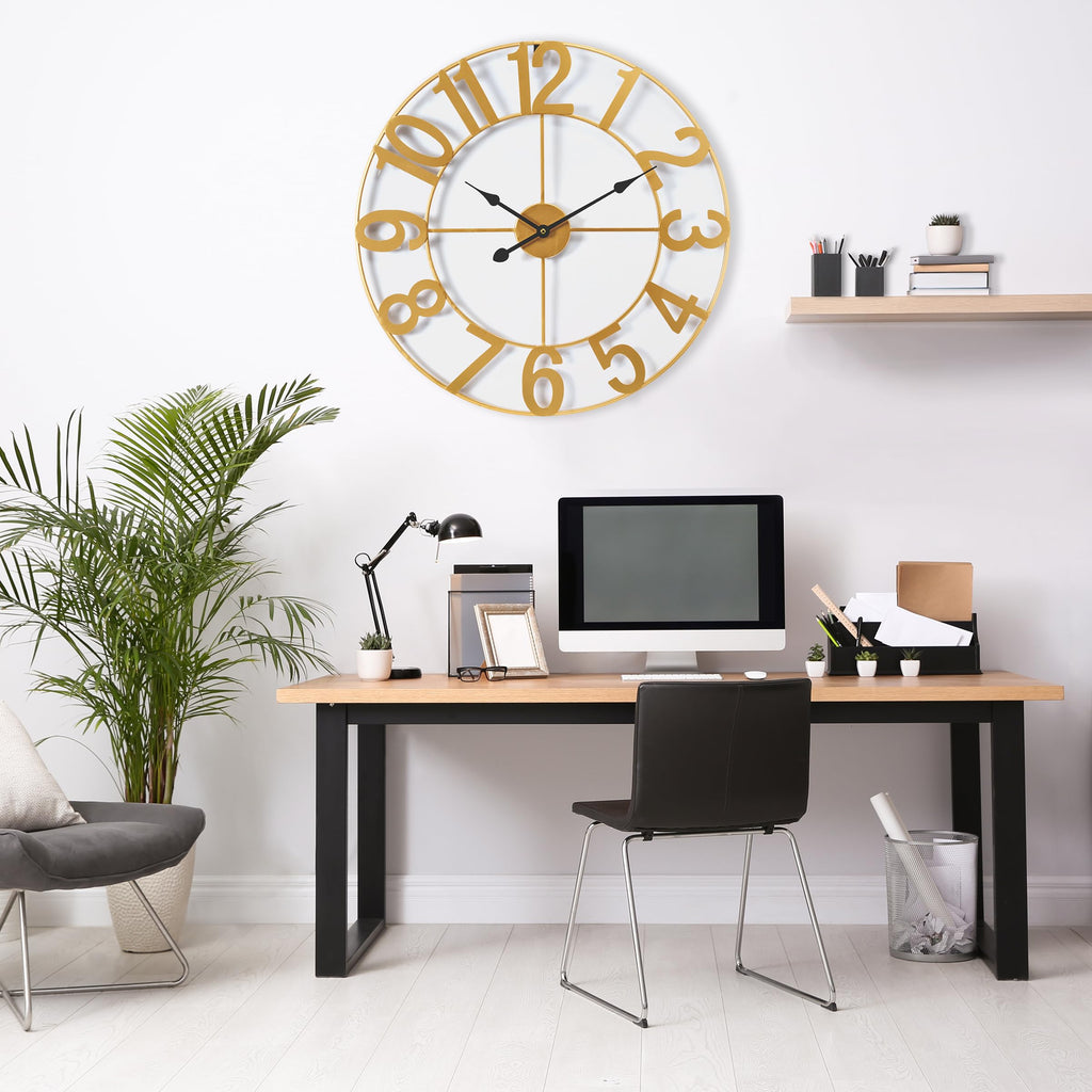 Large Wall Clock, Metal Frame, Battery Powered (24 Inch, Gold)