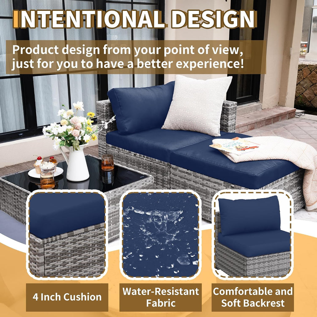 5 Piece L Shaped Outdoor Couch, Small Space Patio Furniture Set,Blue | Outdoor Sectional Sofa, All-Weather Wicker