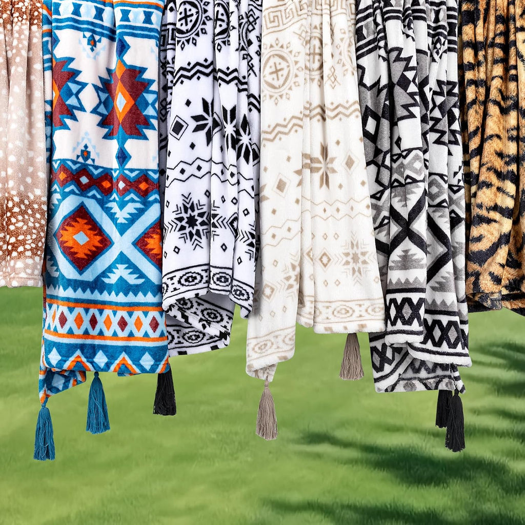 Flannel Boho Blanket, Country Western Aztec Blanket, Southwestern Throw Blankets with Tassel, Soft Cozy Printed