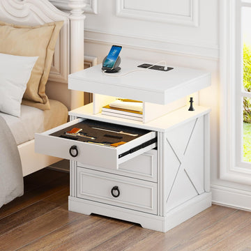 Lockable Night Stand - with Gun Drawer,LED Nightstand with Charging Station,Bedside Table with Human Sensor 3-Color
