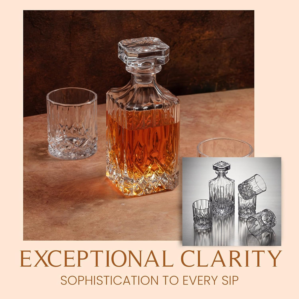 Luxury Whiskey Decanter Gift Set - 25oz Crystal Decanter, 4 Old-Fashioned Glasses, 4 Slate Coasters with Diamond