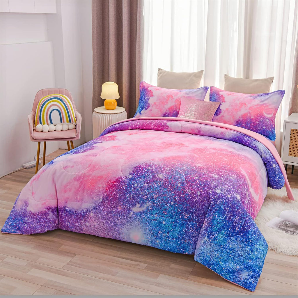 6Pc 3D Glitter Pink Bedding Galaxy Full Kids Comforter Sets