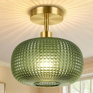 Semi Flush Mount Ceiling Light, Adjustable Hanging Gold Sloped Ceiling Lights with Green Glass Shade Vintage Hallway