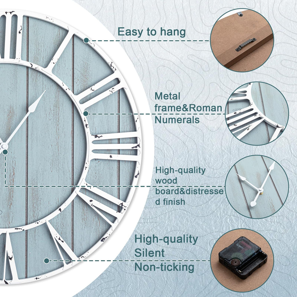 30 Inch Large Coastal Wall Clock, Blue Farmhouse Clock