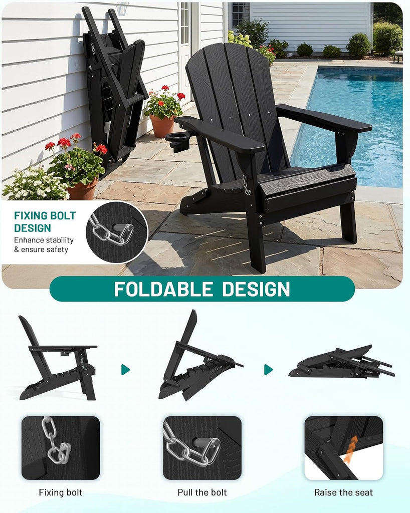 Adirondack Chair Set of 2, Fire Pit Chairs with Cup Holder, Black | Wood-Grain Fade-Proof, Ergonomic, Foldable