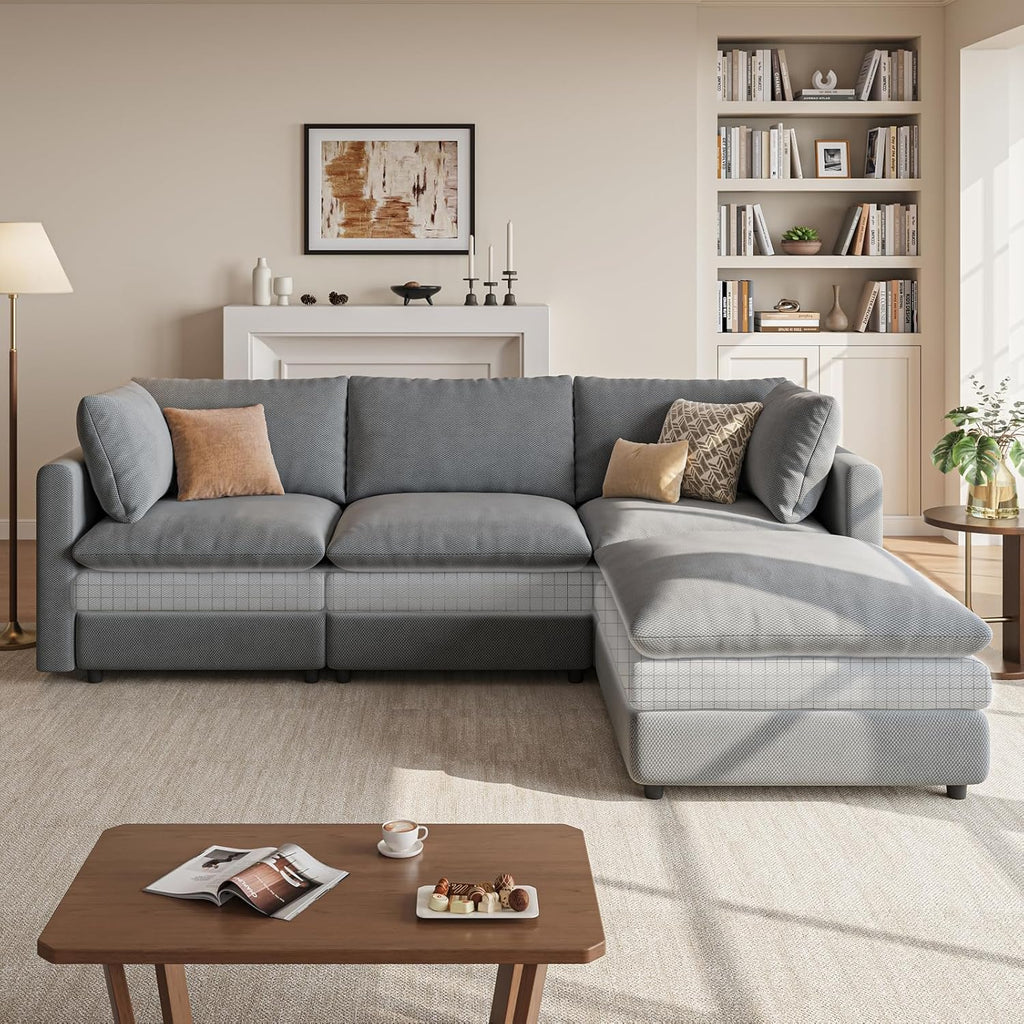 97" Cloud Couches , 29.1" Deep Seat Modular Sectional Sofa, L Shaped Cloud Sofa with One Movable Ottoman