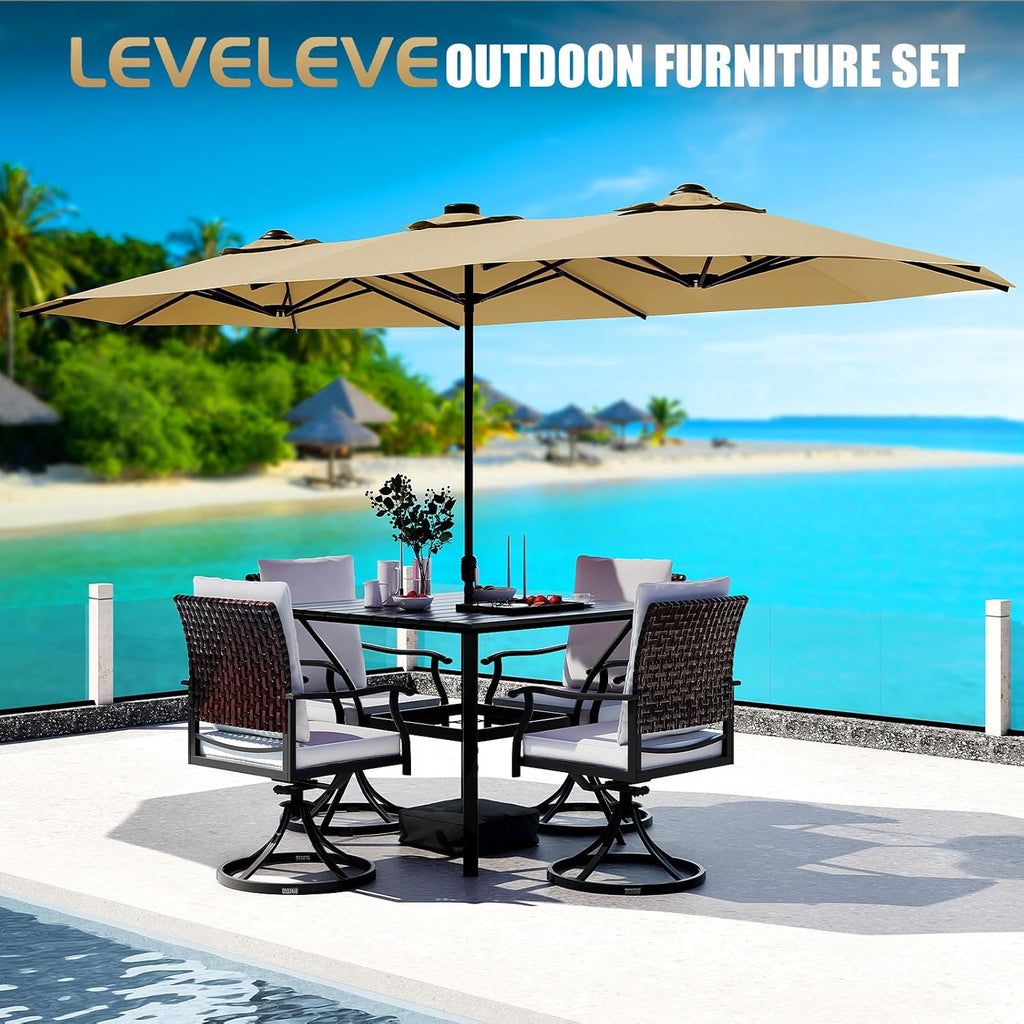 15FT Double-Sided Patio Umbrella with Base Included, Large Outdoor Rectangular Market Umbrella Khaki