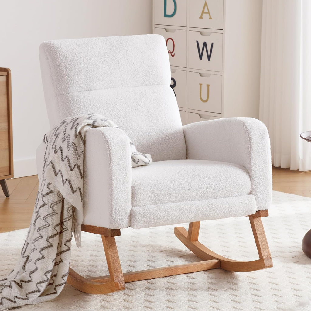 Rocking Chair Nursery with Foot Rest, Nursing Rocking Chairs for Mom Nursery, Teddy Rocker Glider with High Backrest