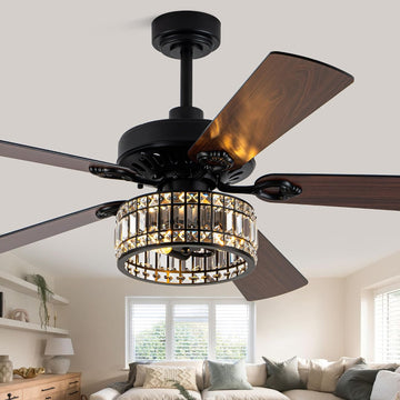 60" Vintage Black Ceiling Fan with Light, Large Crystal Chandelier Fan Fandelier Fan with 6-Speeds