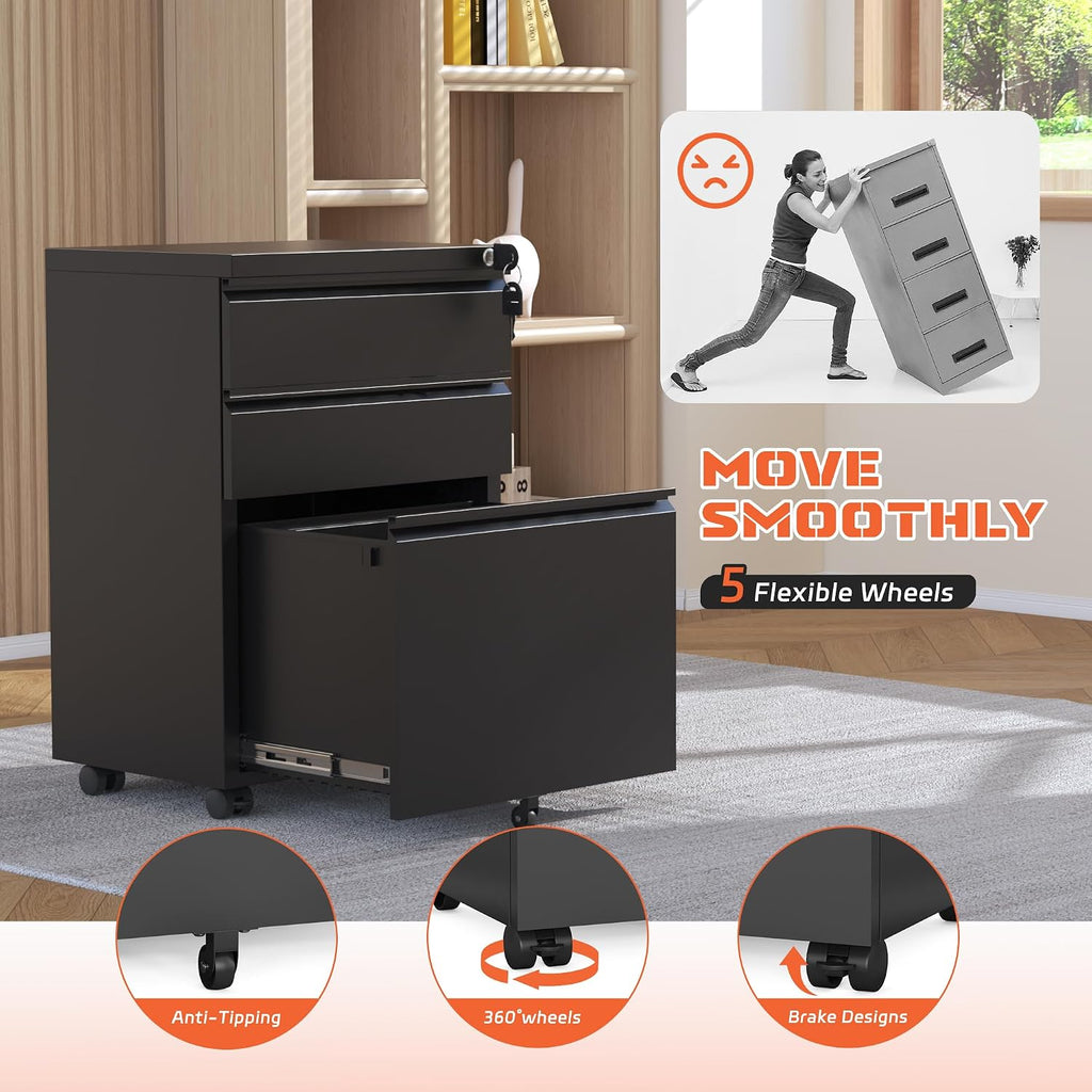 3 Drawer Mobile File Cabinet with Lock, Metal Filing Cabinets , Rolling Under Desk Organizer for Letters/Legal/A4