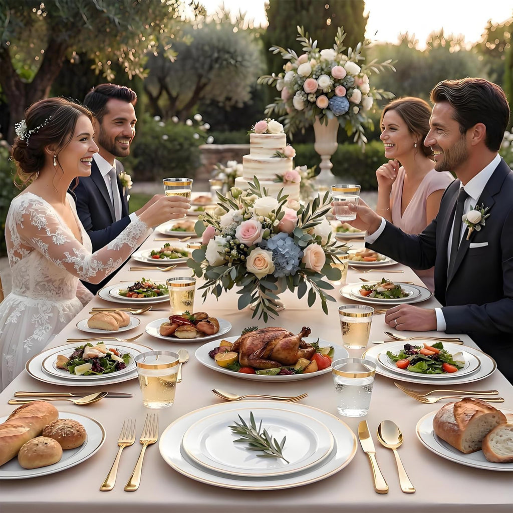 White and Gold Plastic Plates, Disposable Dinnerware Set