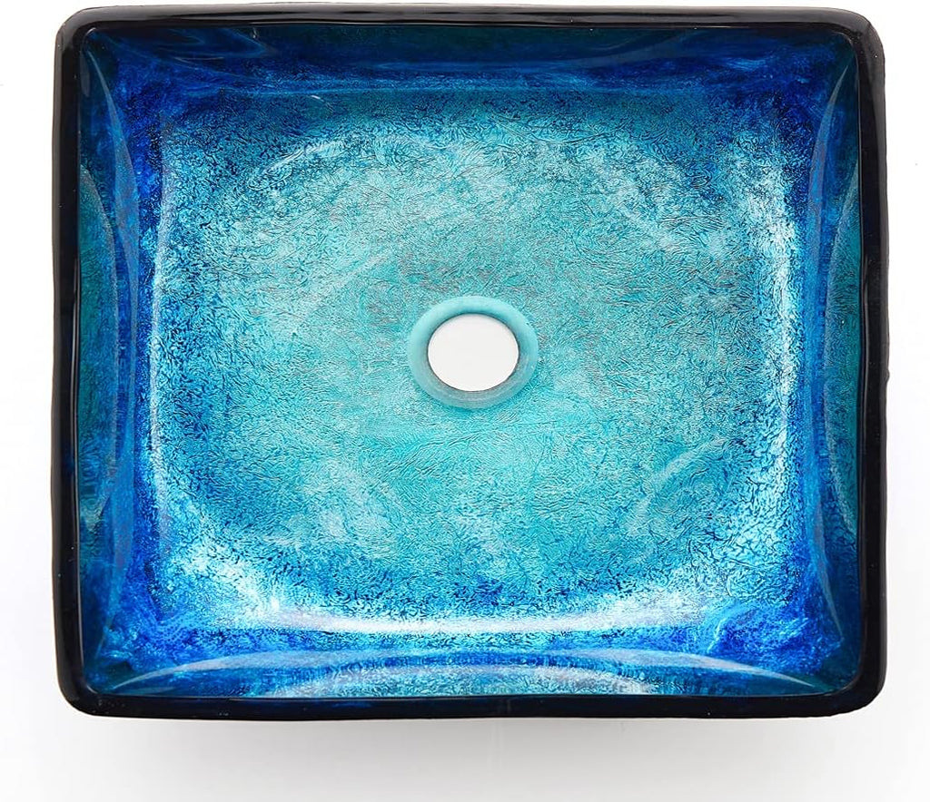 Blue Lotous Square Tempered Deco Glass Vessel Bathroom Sink in Lustrous Blue | Top Mount Sinks Above Countertop |
