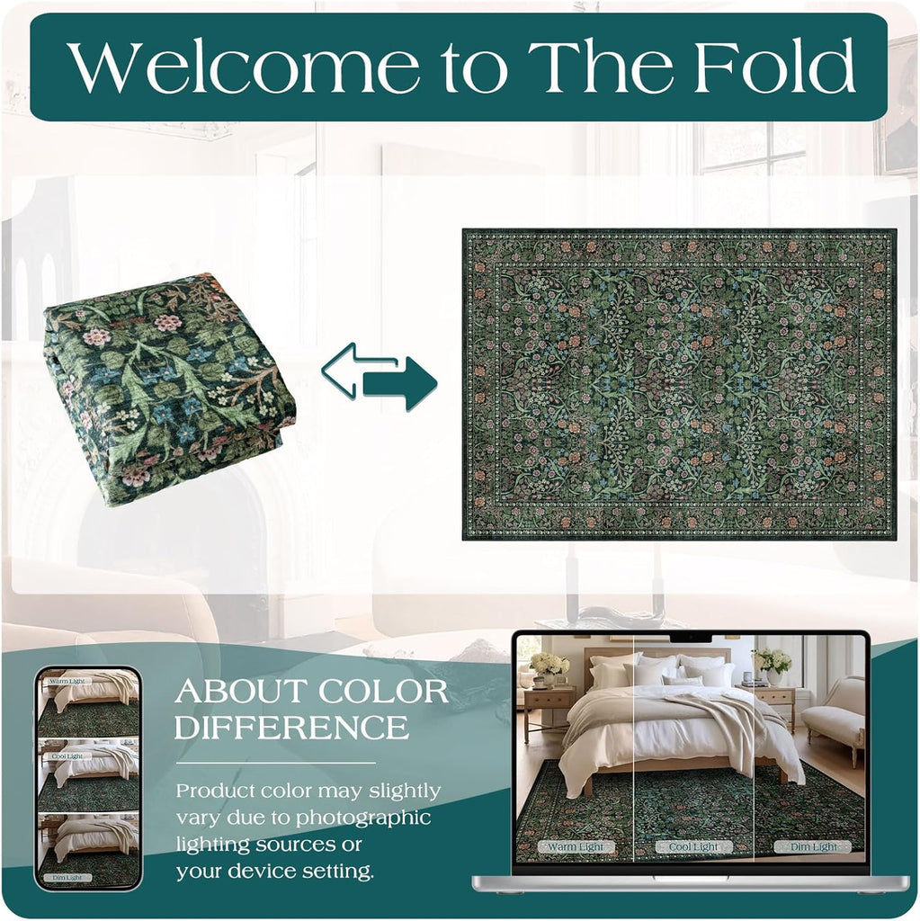 Dark Green Floral Entry Rug - 3x5 Soft Washable Bedroom Area Rug Non Slip Vintage Botanical Farmhous