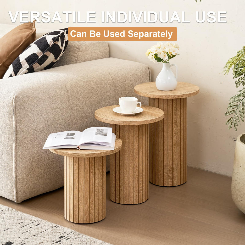 3-Piece Nesting Coffee Set Small Round Side Tables, Natual