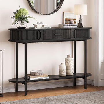 47 Inch Fluted Console Table with Drawers, Entryway Table with Storage, Oval Sofa Tables Behind Couch, Mid-Century