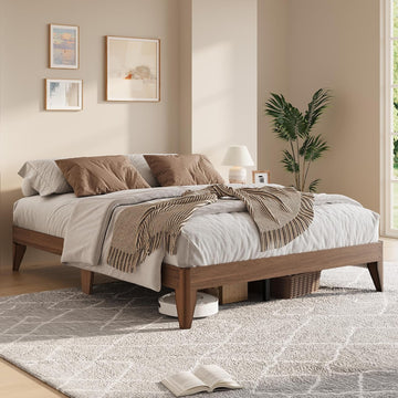 Wood Platform Bed Frame Queen, Solid Wooden Legs and Wooden Slats Support, Sturdy Metal Central Structure, No Box