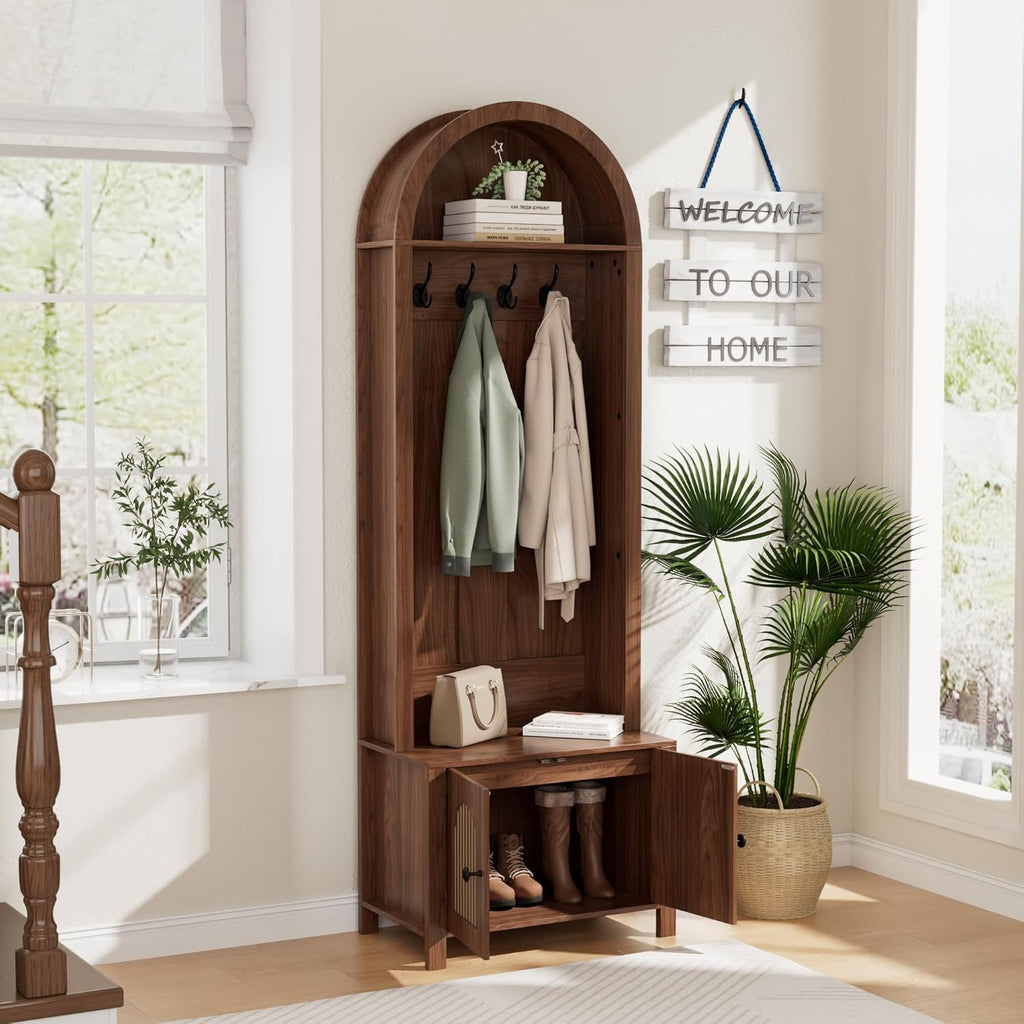 Hall Tree with Bench and Shoe Storage, Entryway Storage Bench with Coat Rack, 70.9"Arch Coat Rack with 4 Hooks and 2