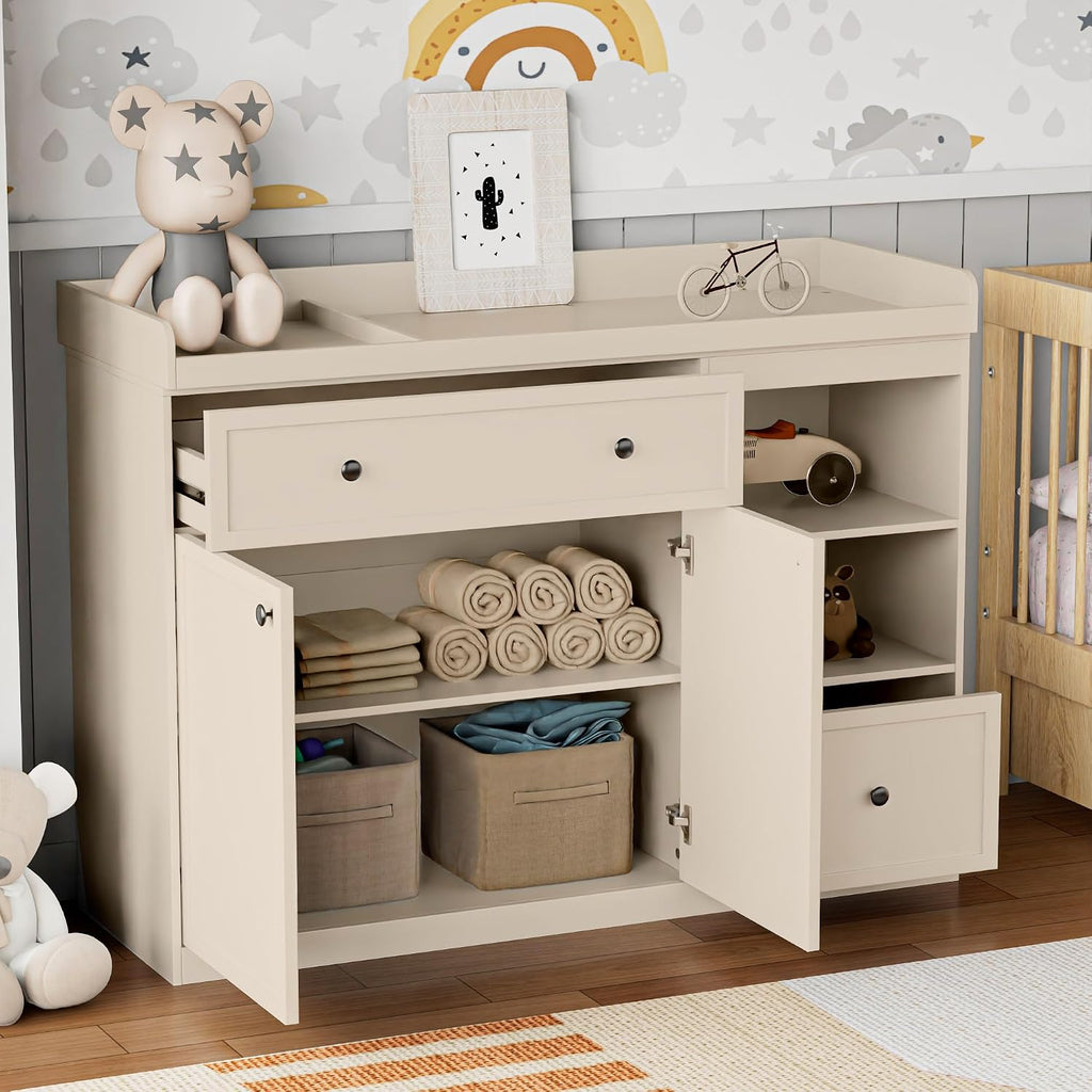 Wide Changing Table with 2 Doors, 2 Different Size Drawer&Storage Cubbies, Durable Wood Construction, Built-in