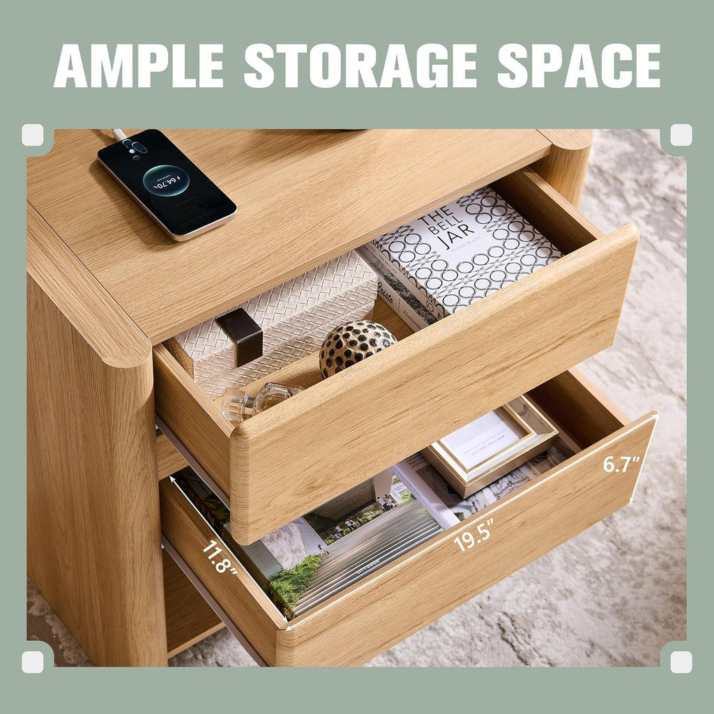 25" Tall Modern Nightstand with Charging Station, 23.6" W Night Stand with 2 Storage Drawers & Open Shelf, Wood